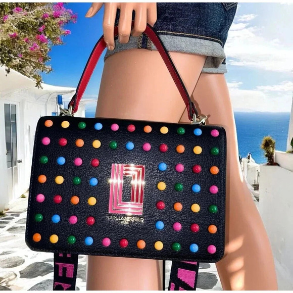 Karl Lagerfeld Paris Simone Leather Crossbody Multi Color Dots Purse Handbag NWT - Picture 2 of 13